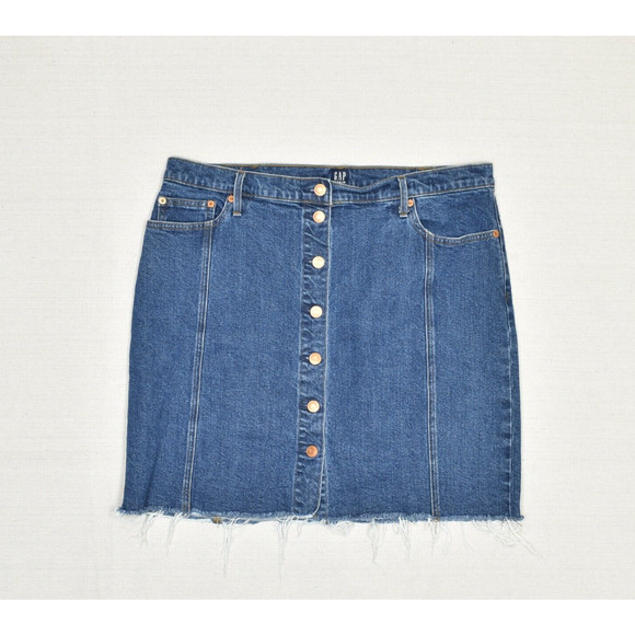 Gap Women Denim Straight Skirt Fringe Cotton Blue Size 33 Button Solid - Picture 1 of 8